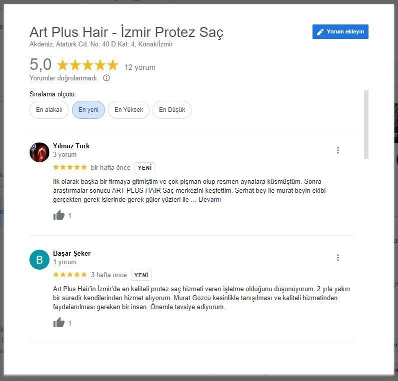 Art Plus Hair: İzmir Protez Saç Yorumları