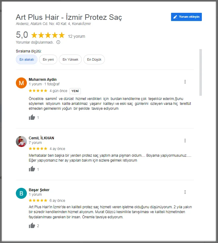İzmir Protez Saç Merkezi Art Plus Hair Müşteri Yorumları